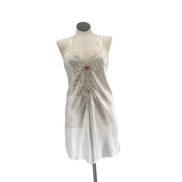 Vintage 70s 80s California Dynasty White Lace and Satin Rose Lingerie Slip Dress - Picture 2 of 8
